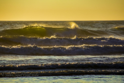 Wind swept spray catches the afternoon sun trail of breaking waves. Ruby Beach, Olympic National Park, Washington
